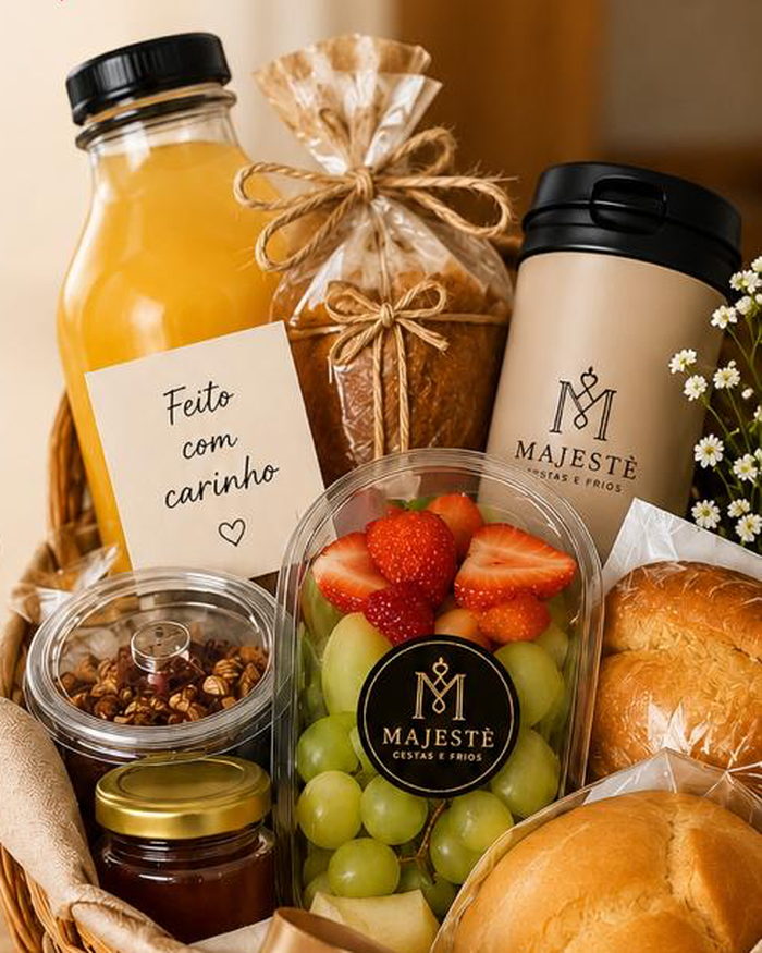 Cesta de café da manhã com suco, pães, granola, frutas e um cartão escrito Feito com carinho