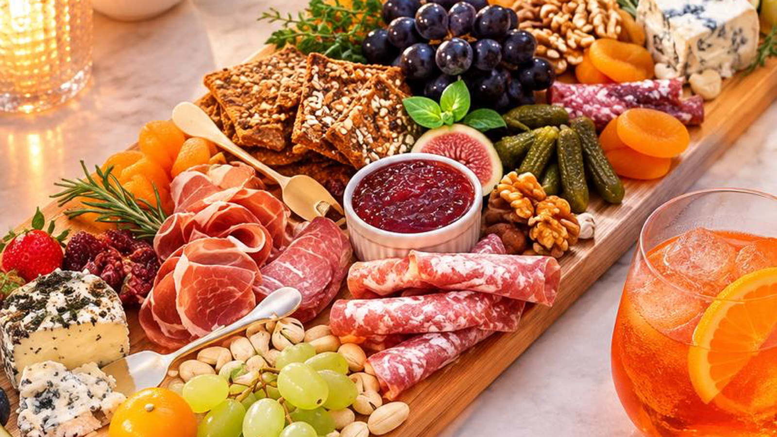 Tábua comprida com frios, queijos, frutas e castanhas, montada para receber hóspedes