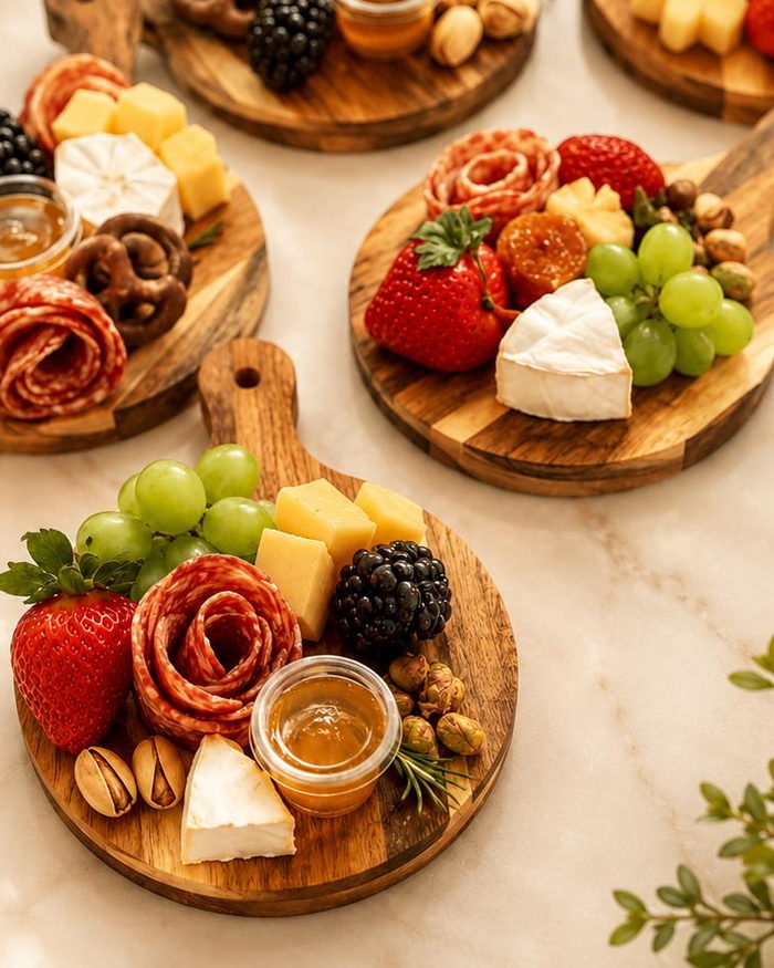 Mini tábuas redondas de madeira, cada uma com salame, queijo, uvas e morango
