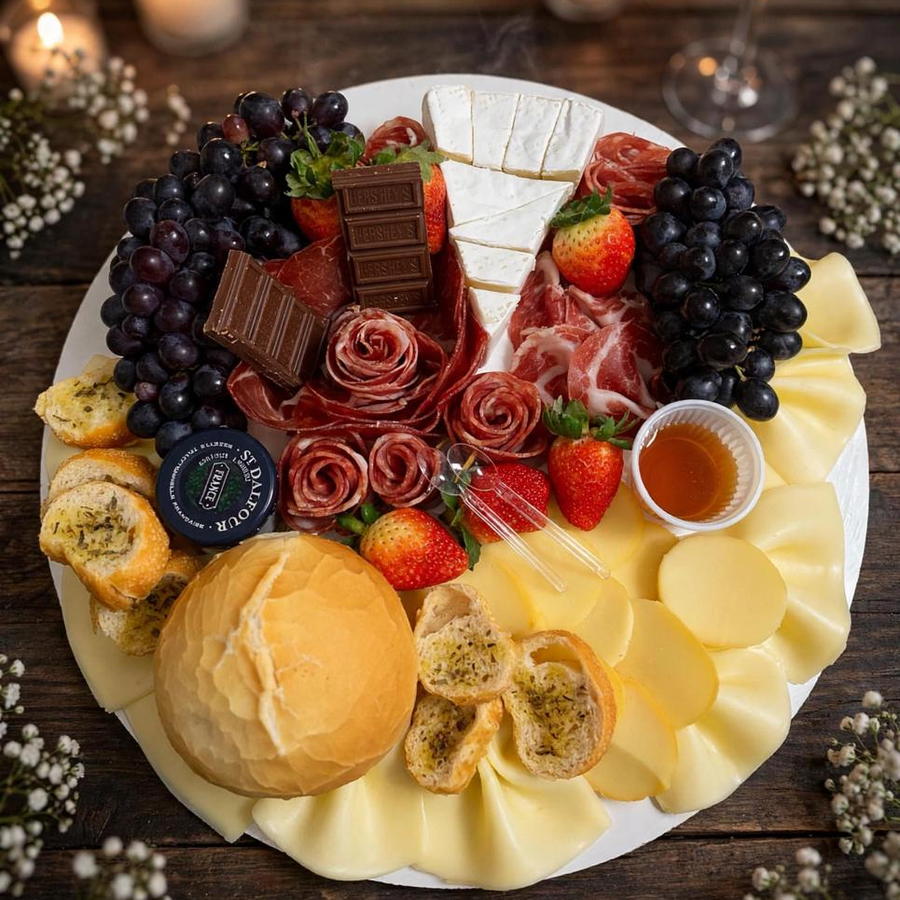 Tábua de frios com uvas, brie, salame e morangos, à luz de velas