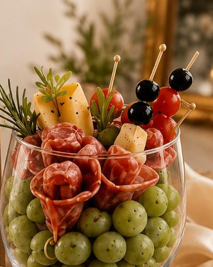 Frios montados em taça de vidro, com salame, queijo, uvas e azeitonas